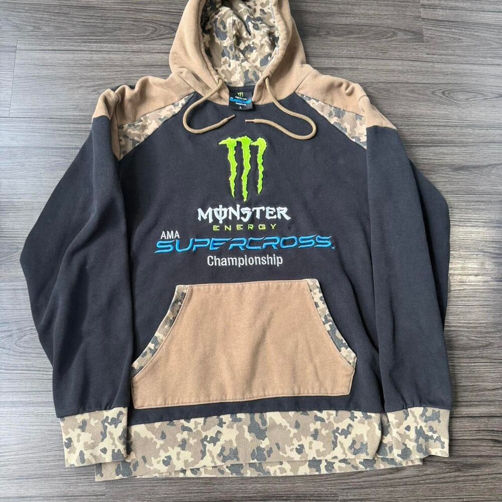 Monster Energy AMA Supercross Hoodie Men's Large Black Camo Grunge Y2K